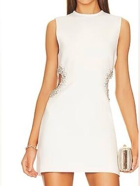 GIANNI BINI Off-White Rhinestone Embellished Side Cut-Out Mini Cocktail Dress